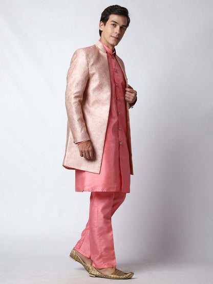 Fuchsia Pink Indo Western Dress for men which is made up of jacquard silk perfect for Indian weddings. Shop this mens indo western dress from Crease India website.