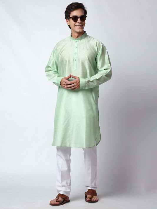 Green Silk Kurta for Men, perfect for Indian wedding functions, festivals, casual outings, office ethnic day wear, and other occasions. Shop this jacquard silk kurta for male on Crease India Website.