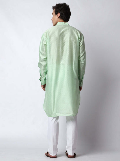 Green Silk Kurta for Men, perfect for Indian wedding functions, festivals, casual outings, office ethnic day wear, and other occasions. Shop this jacquard silk kurta for male on Crease India Website.