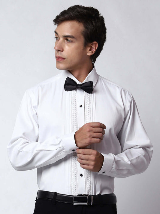 Lace Embellished Tuxedo Shirt for Men, perfect for weddings. galas, prom nights, black tie events, and other formal events. Shop this designer white tuxedo shirt for men on Crease India Website.