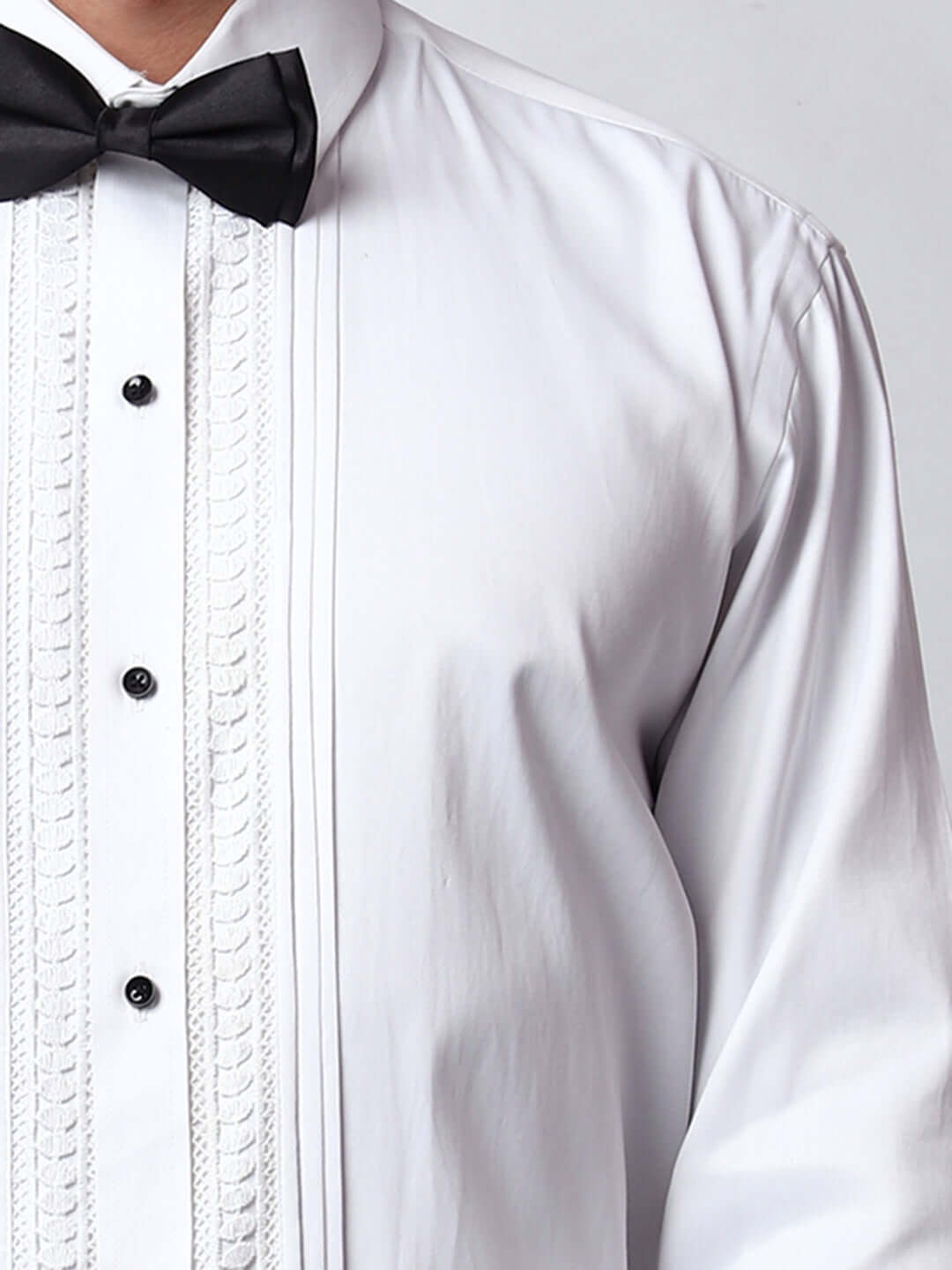 Lace Embellished Tuxedo Shirt for Men, perfect for weddings. galas, prom nights, black tie events, and other formal events. Shop this designer white tuxedo shirt for men on Crease India Website.