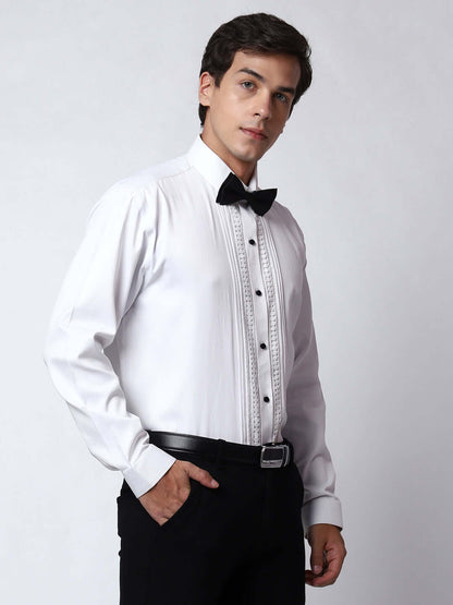 Lace Embellished Tuxedo Shirt for Men, perfect for weddings. galas, prom nights, black tie events, and other formal events. Shop this designer white tuxedo shirt for men on Crease India Website.