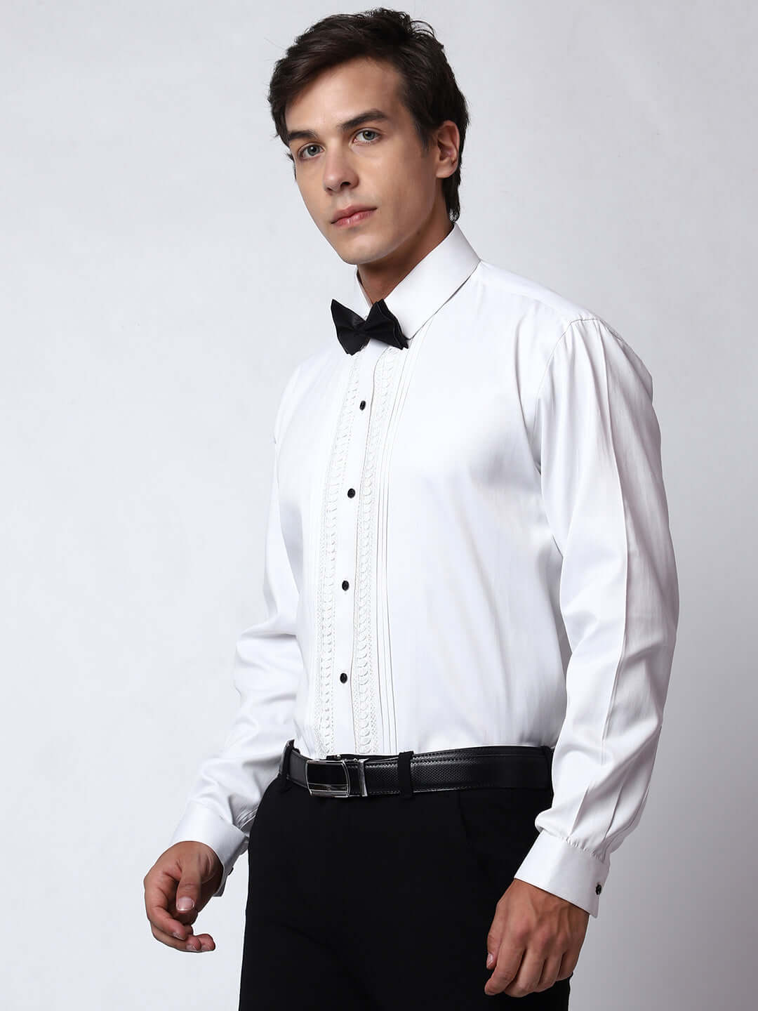 Lace Embellished Tuxedo Shirt for Men, perfect for weddings. galas, prom nights, black tie events, and other formal events. Shop this designer white tuxedo shirt for men on Crease India Website.