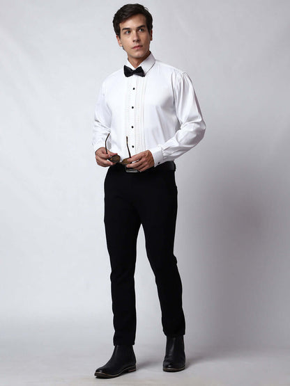 Lace Embellished Tuxedo Shirt for Men, perfect for weddings. galas, prom nights, black tie events, and other formal events. Shop this designer white tuxedo shirt for men on Crease India Website.