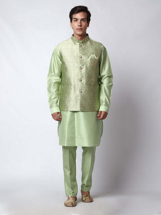 Lush Green kurta jacket set for men available online in India. An elegant men's ethnic wear kurta jacket set with intricate golden petal embroidery. The embroidered jacket boasts a mandarin collar and complements the same hue kurta and pants, crafted from smooth dupion silk. This lush green designer kurta jacket set for men is ideal for weddings, Diwali, Eid, Navratri, & more festivals. Shop this lush green designer kurta set for men on Crease India Website.