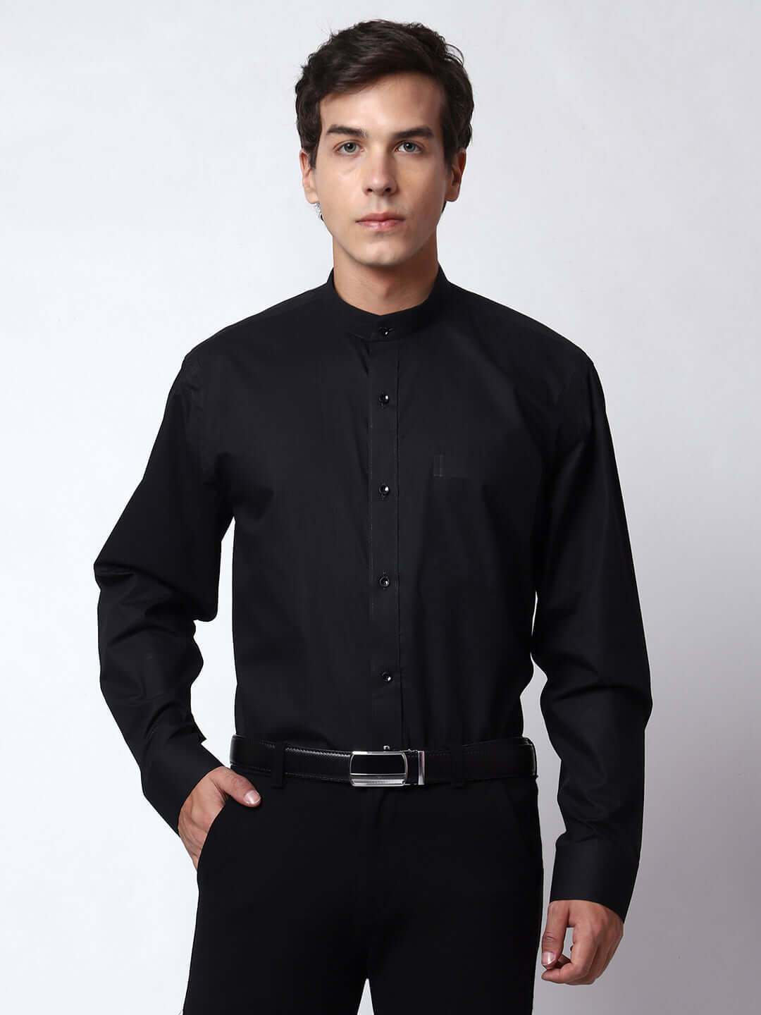 Black Mandarin Collar Formal Shirt for Men, perfect for daily office wear, business meetings, formal events, & even semi-formal events. Shop this black formal shirt for men on Crease India Website.