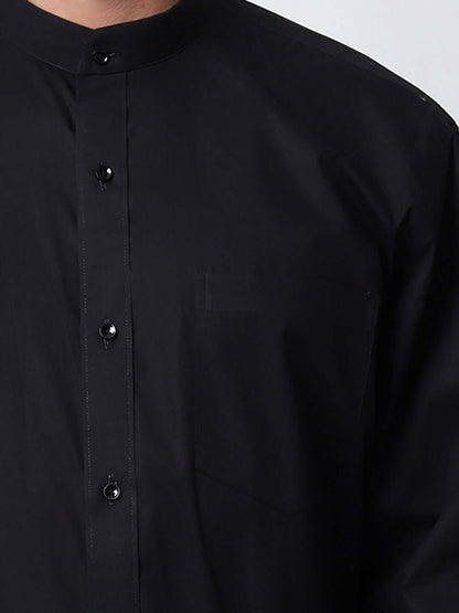 Black Mandarin Collar Formal Shirt for Men, perfect for daily office wear, business meetings, formal events, & even semi-formal events. Shop this black formal shirt for men on Crease India Website.