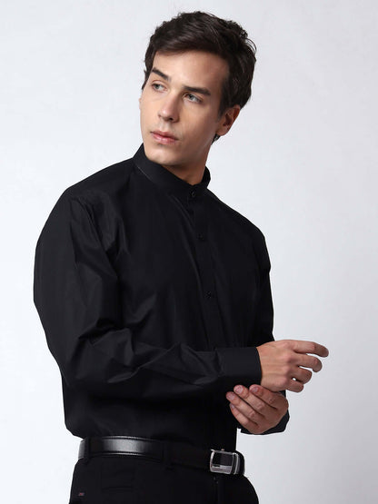 Black Mandarin Collar Formal Shirt for Men, perfect for daily office wear, business meetings, formal events, & even semi-formal events. Shop this black formal shirt for men on Crease India Website.