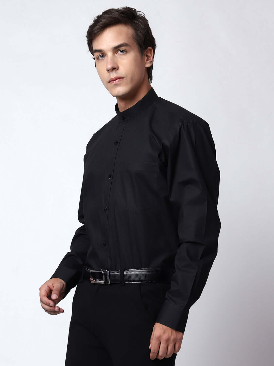 Black Mandarin Collar Formal Shirt for Men, perfect for daily office wear, business meetings, formal events, & even semi-formal events. Shop this black formal shirt for men on Crease India Website.