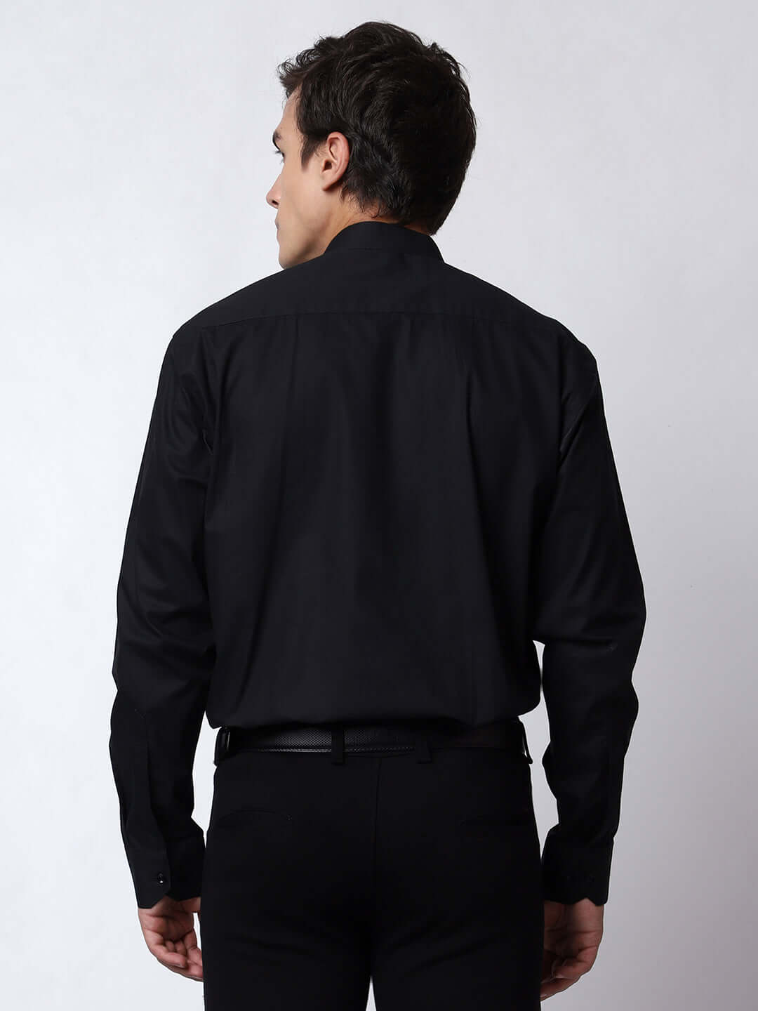 Black Mandarin Collar Formal Shirt for Men, perfect for daily office wear, business meetings, formal events, & even semi-formal events. Shop this black formal shirt for men on Crease India Website.