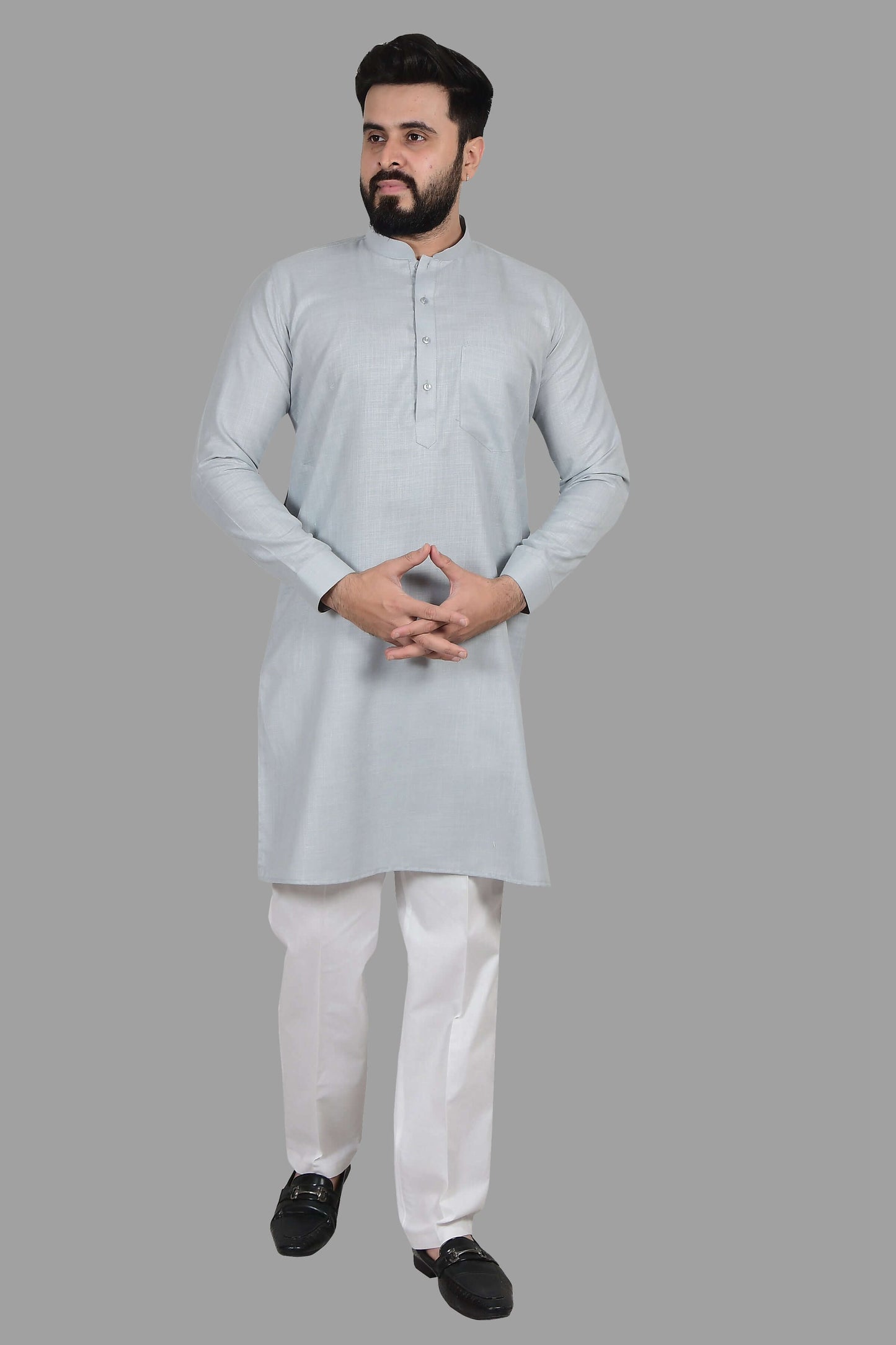 Grey Cotton Kurta Set for Men, perfect for election campaign, weddings, festivals, casual outings or even dailywear. Shop this men's kurta set on Crease India Website.