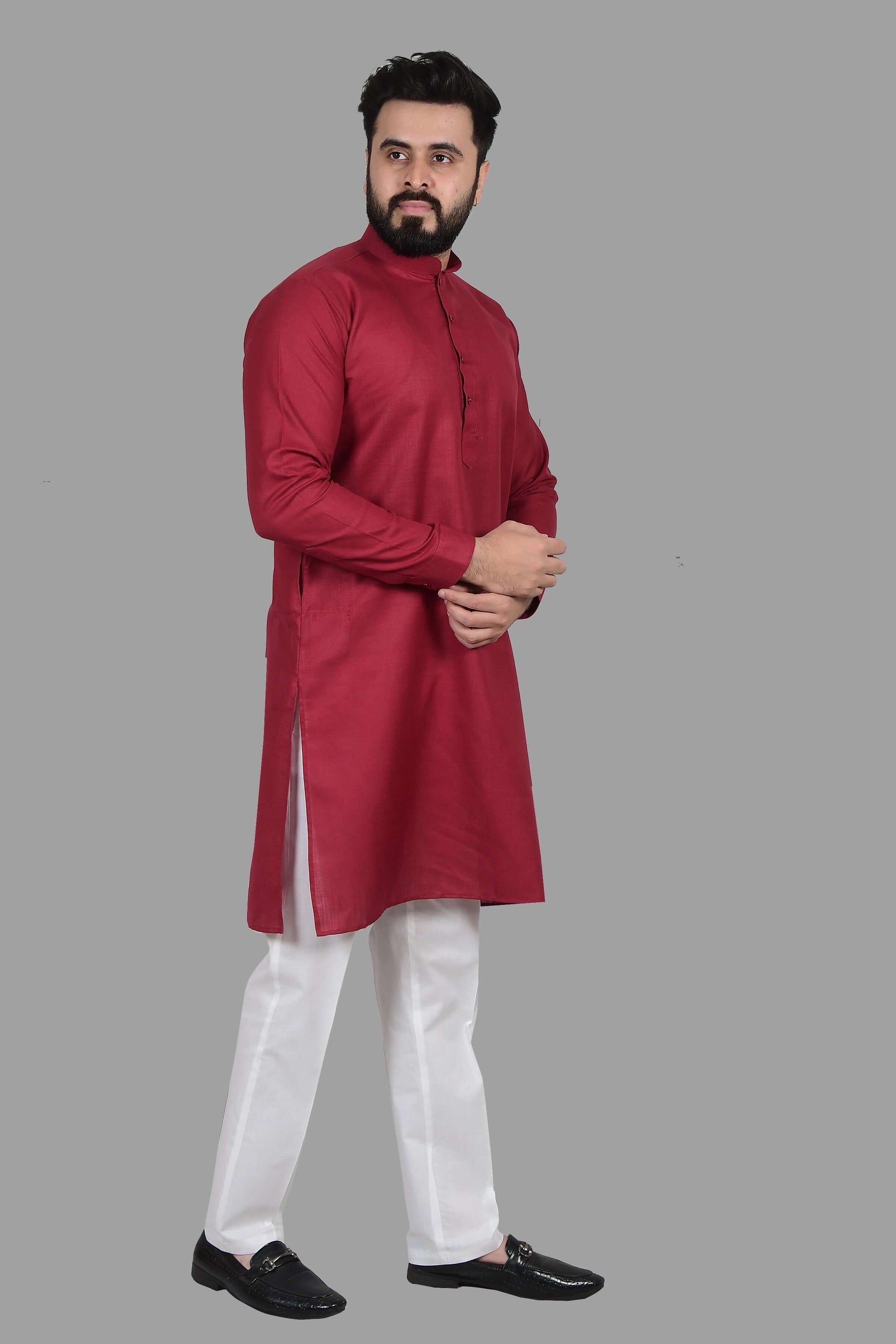 Red Cotton Kurta Set for Men, perfect for election campaign, weddings, festivals, casual outings or even dailywear. Shop this men's kurta set on Crease India Website.