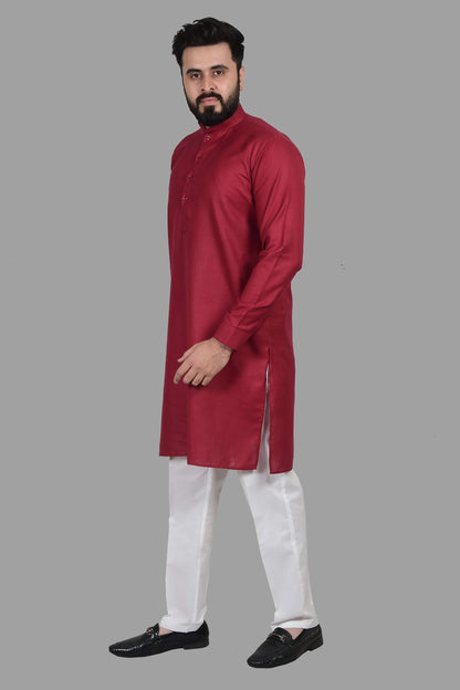 Red Cotton Kurta Set for Men, perfect for election campaign, weddings, festivals, casual outings or even dailywear. Shop this men's kurta set on Crease India Website.