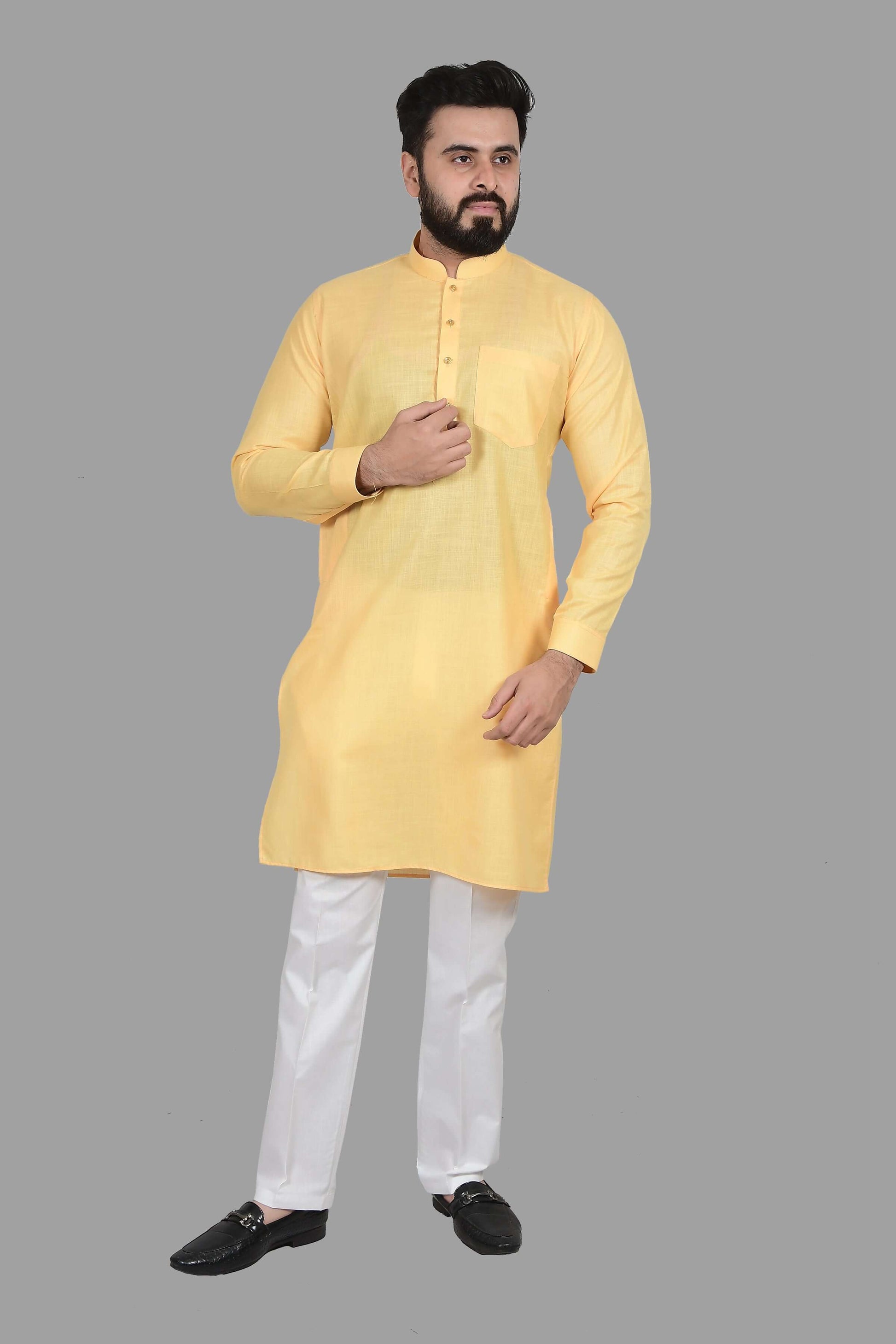 Yellow Cotton Kurta for Men, perfect for election campaign, wedding haldi functions, festivals, casual outings or even dailywear. Shop this cotton kurta for men on Crease India Website.