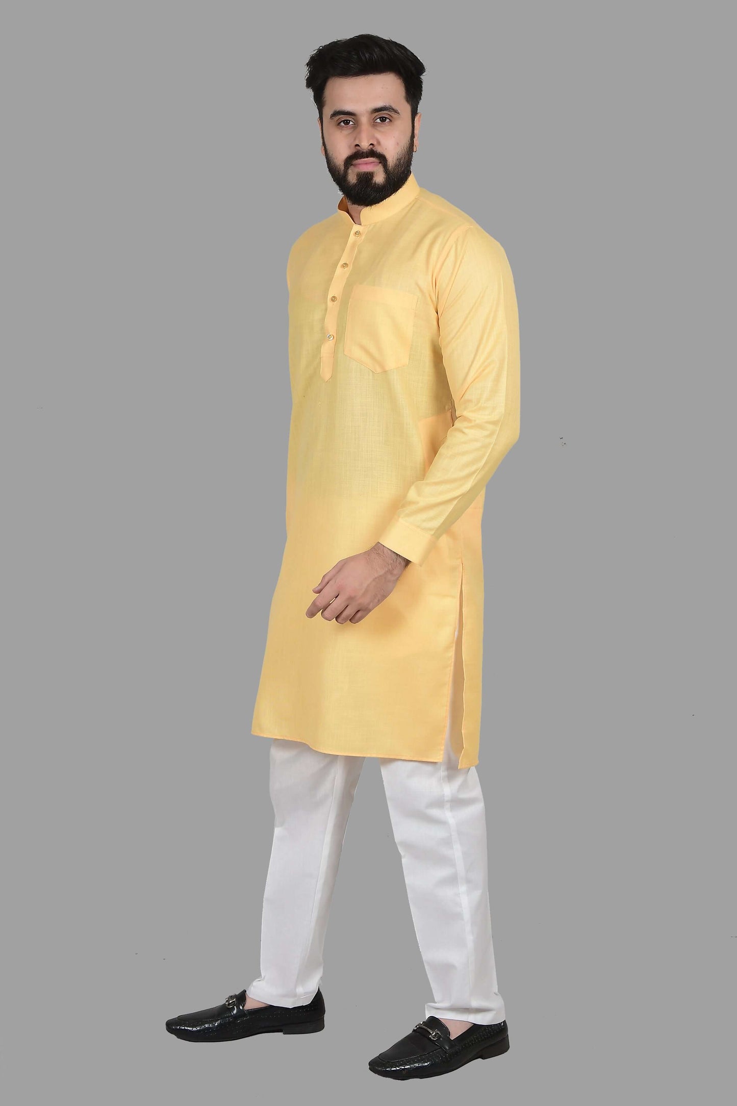 Yellow Cotton Kurta for Men, perfect for election campaign, wedding haldi functions, festivals, casual outings or even dailywear. Shop this cotton kurta for men on Crease India Website.