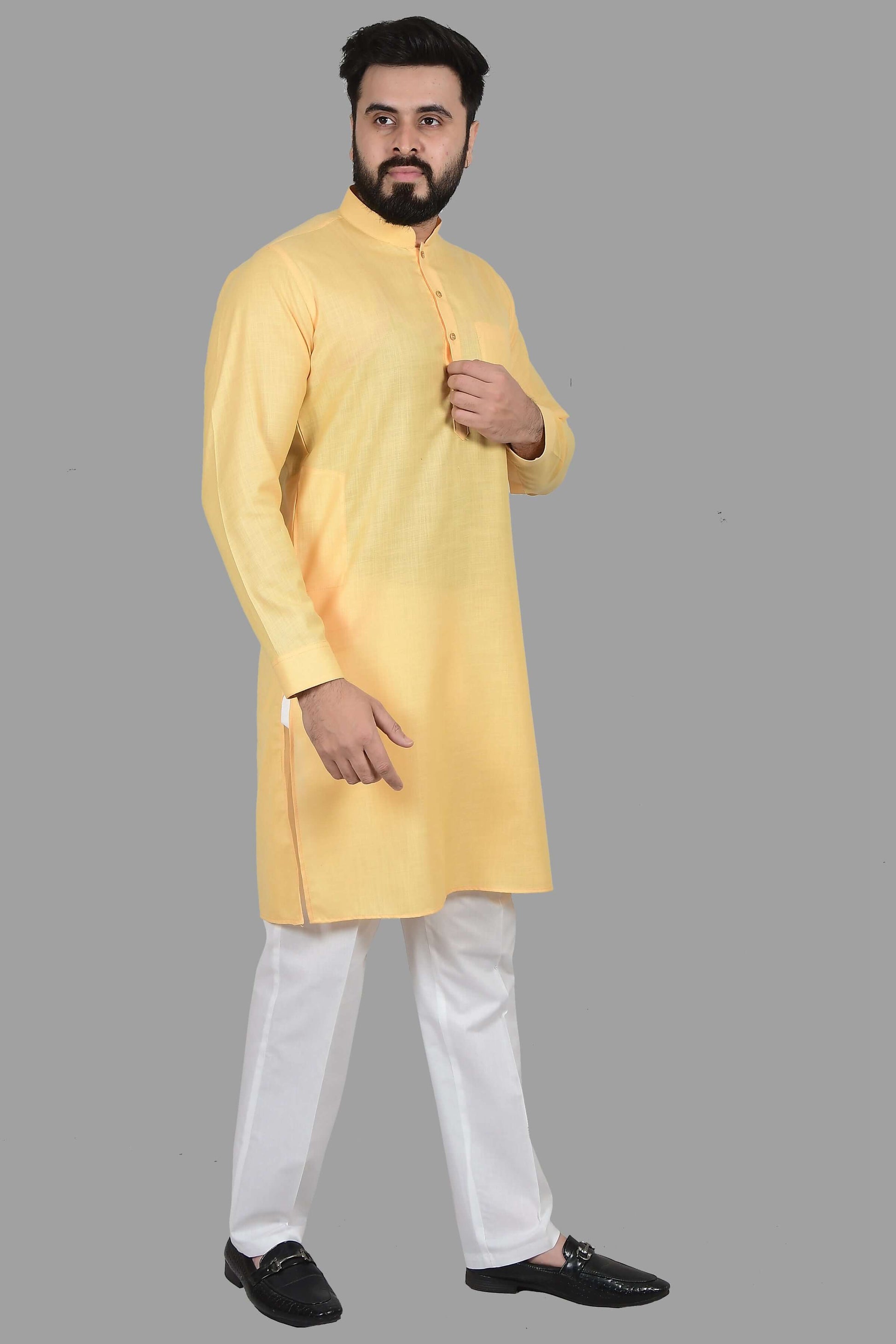 Yellow Cotton Kurta for Men, perfect for election campaign, wedding haldi functions, festivals, casual outings or even dailywear. Shop this cotton kurta for men on Crease India Website.