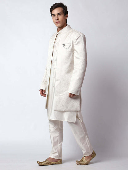 Off White Indo Western Dress for men which is made up of cotton silk with jacquard design, perfect for Indian weddings. Shop this mens indo western dress from Crease India website.