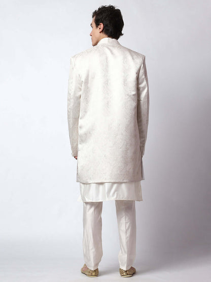 Off White Indo Western Dress for men which is made up of cotton silk with jacquard design, perfect for Indian weddings. Shop this mens indo western dress from Crease India website.