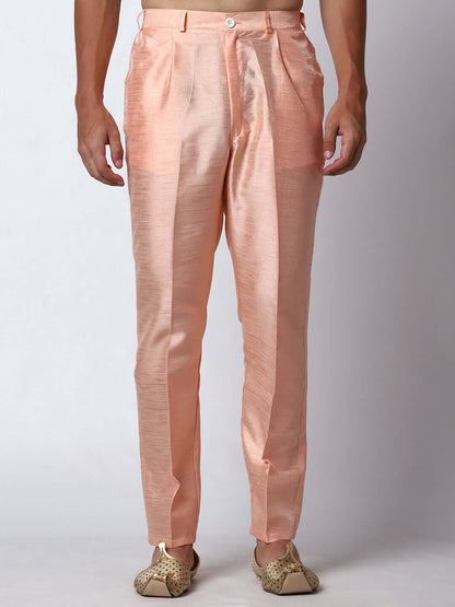 Peach Indo Western Dress for men which is made up of dupion silk with heavy embroidery, perfect for Indian weddings. Shop this mens indo western dress from Crease India website.