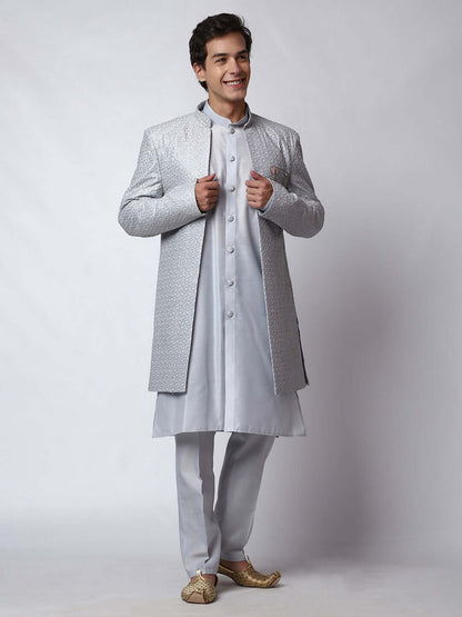 Pearl Indo Western Dress for men which is made up of cotton silk with heavy embroidery, perfect for Indian weddings. Shop this mens indo western dress from Crease India website.