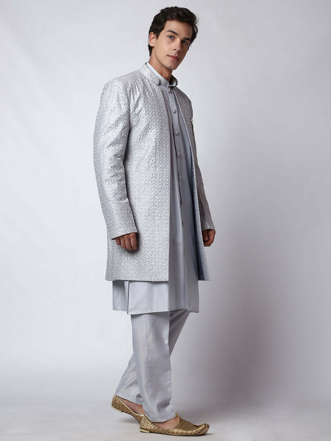 Pearl Indo Western Dress for men which is made up of cotton silk with heavy embroidery, perfect for Indian weddings. Shop this mens indo western dress from Crease India website.