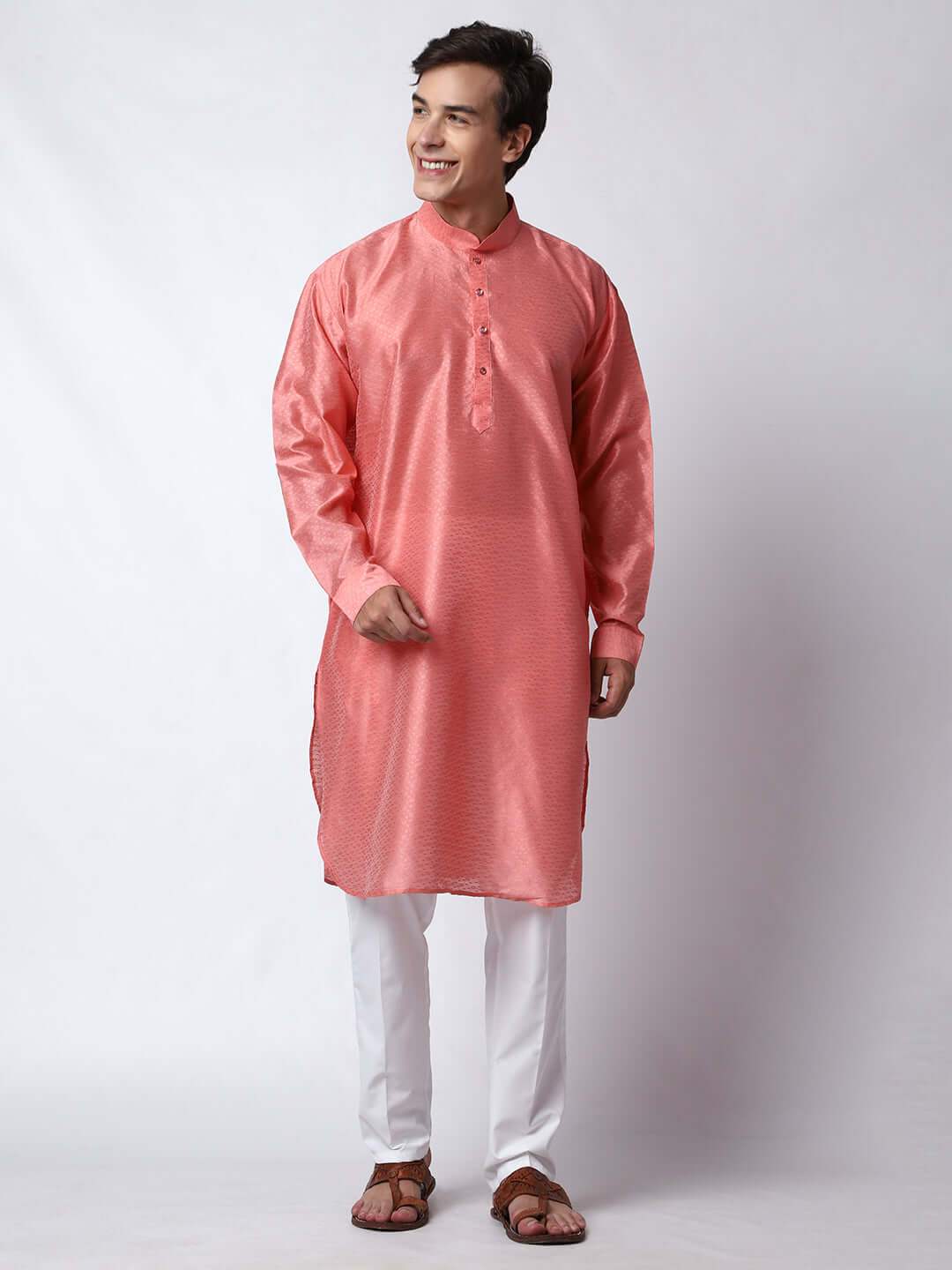 Pink Silk Kurta for Men, perfect for Indian wedding functions, festivals, casual outings, office ethnic day wear, and other occasions. Shop this jacquard silk kurta for male on Crease India Website.