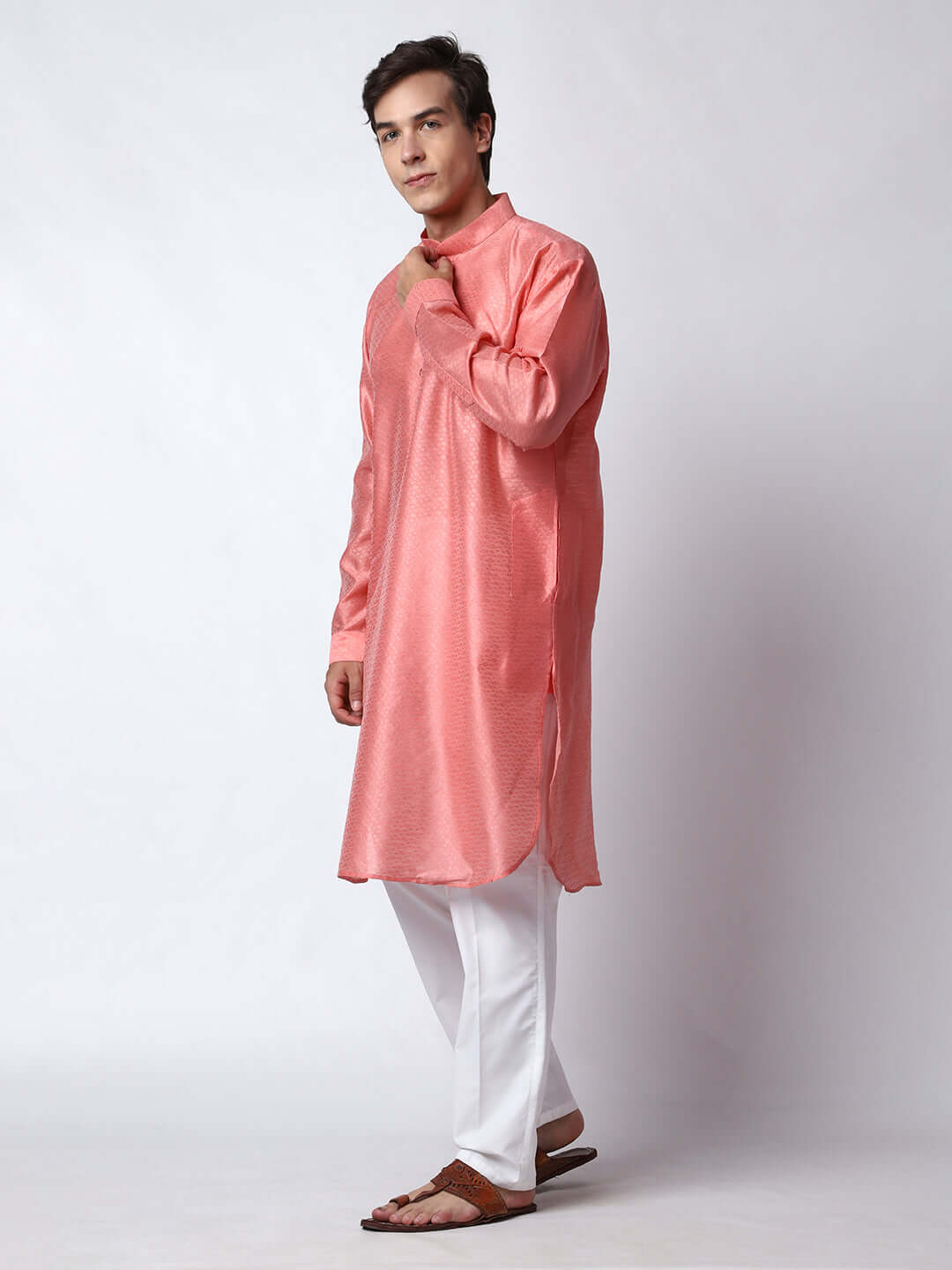 Pink Silk Kurta for Men, perfect for Indian wedding functions, festivals, casual outings, office ethnic day wear, and other occasions. Shop this jacquard silk kurta for male on Crease India Website.