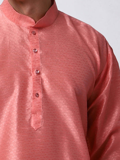 Pink Silk Kurta for Men, perfect for Indian wedding functions, festivals, casual outings, office ethnic day wear, and other occasions. Shop this jacquard silk kurta for male on Crease India Website.