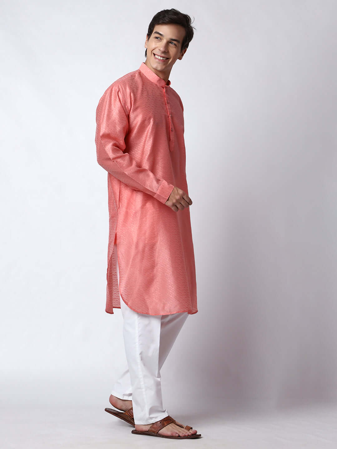 Pink Silk Kurta for Men, perfect for Indian wedding functions, festivals, casual outings, office ethnic day wear, and other occasions. Shop this jacquard silk kurta for male on Crease India Website.