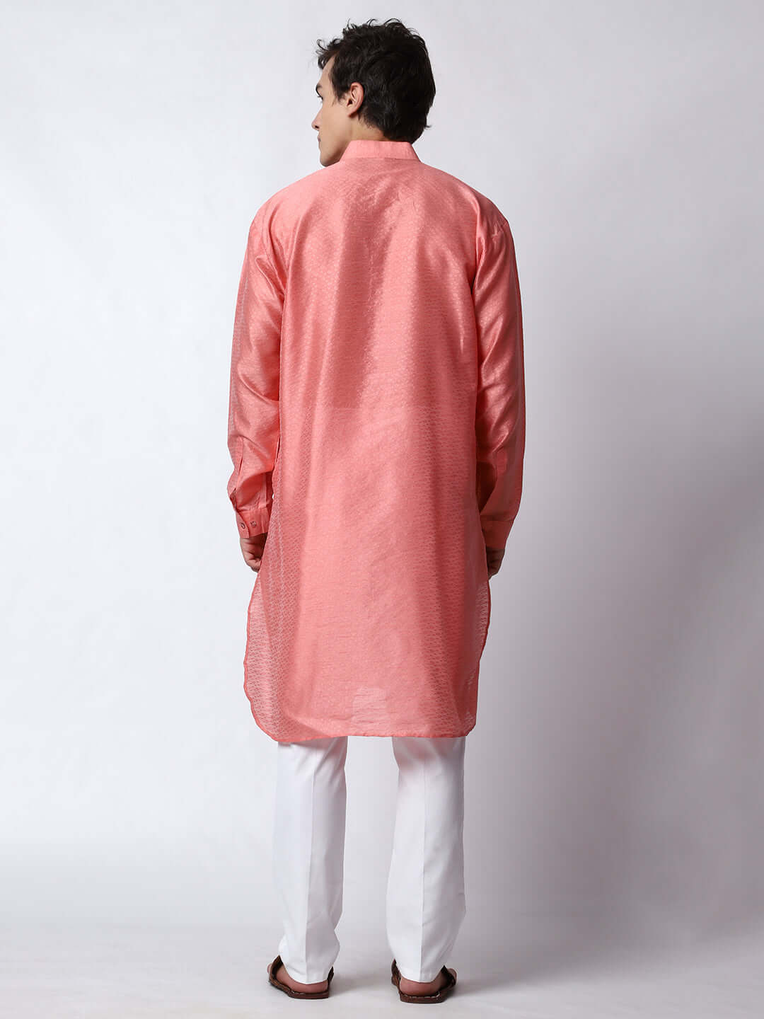 Pink Silk Kurta for Men, perfect for Indian wedding functions, festivals, casual outings, office ethnic day wear, and other occasions. Shop this jacquard silk kurta for male on Crease India Website.