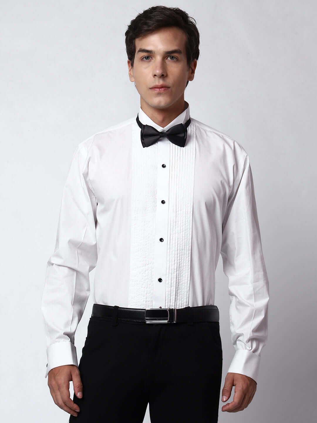 White Pintex Tuxedo Shirt for Men, perfect for weddings. galas, prom nights, black tie events, and other formal events. Shop this designer white tuxedo shirt for men on Crease India Website.