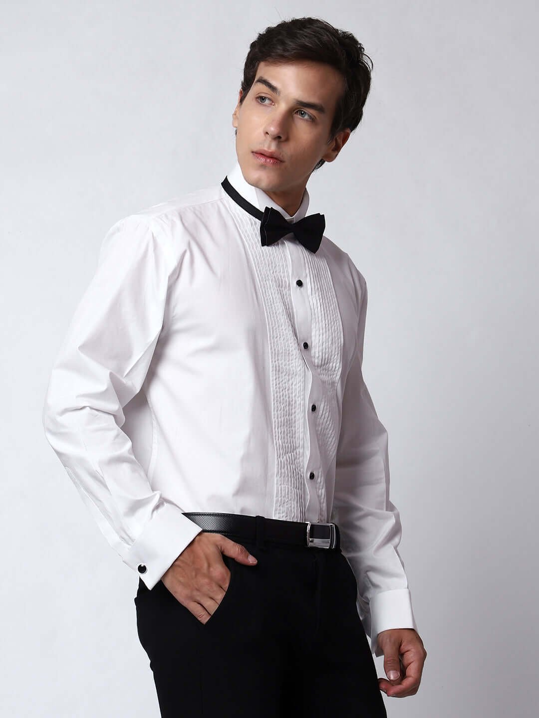 White Pintex Tuxedo Shirt for Men, perfect for weddings. galas, prom nights, black tie events, and other formal events. Shop this designer white tuxedo shirt for men on Crease India Website.