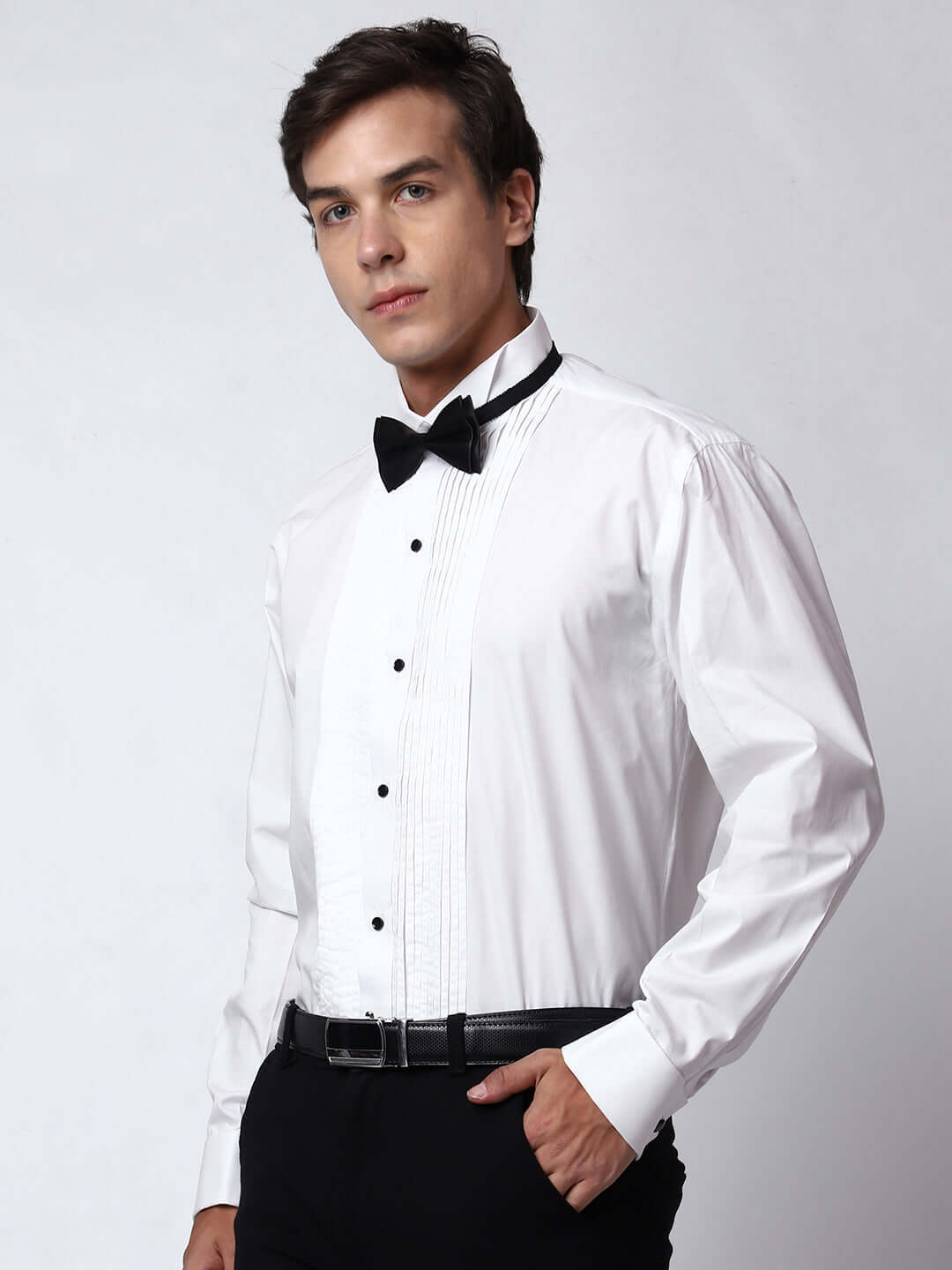 White Pintex Tuxedo Shirt for Men, perfect for weddings. galas, prom nights, black tie events, and other formal events. Shop this designer white tuxedo shirt for men on Crease India Website.