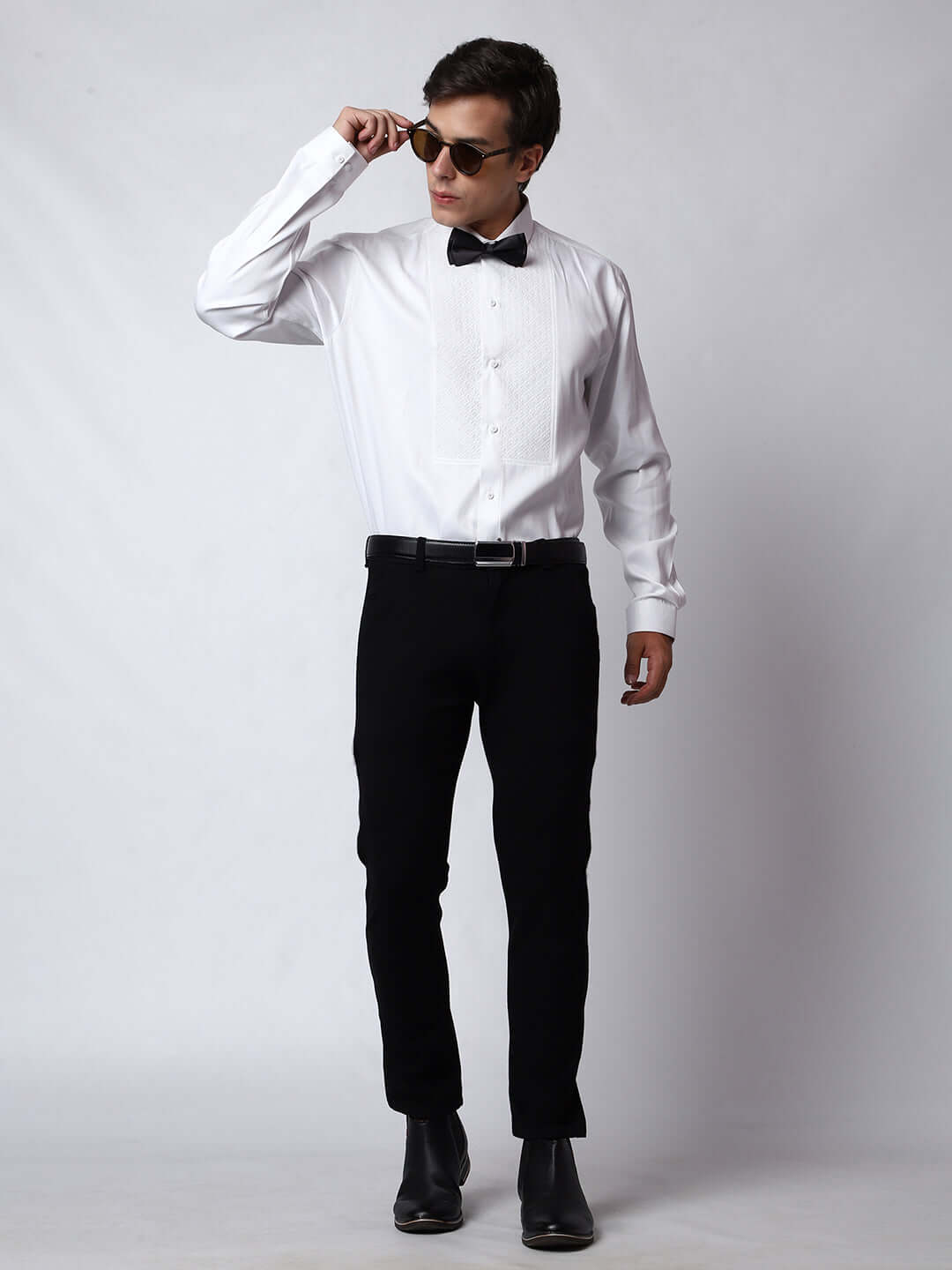 Quilted Tuxedo Shirt for Men, perfect for weddings. galas, prom nights, black tie events, and other formal events. Shop this designer white tuxedo shirt for men on Crease India Website.