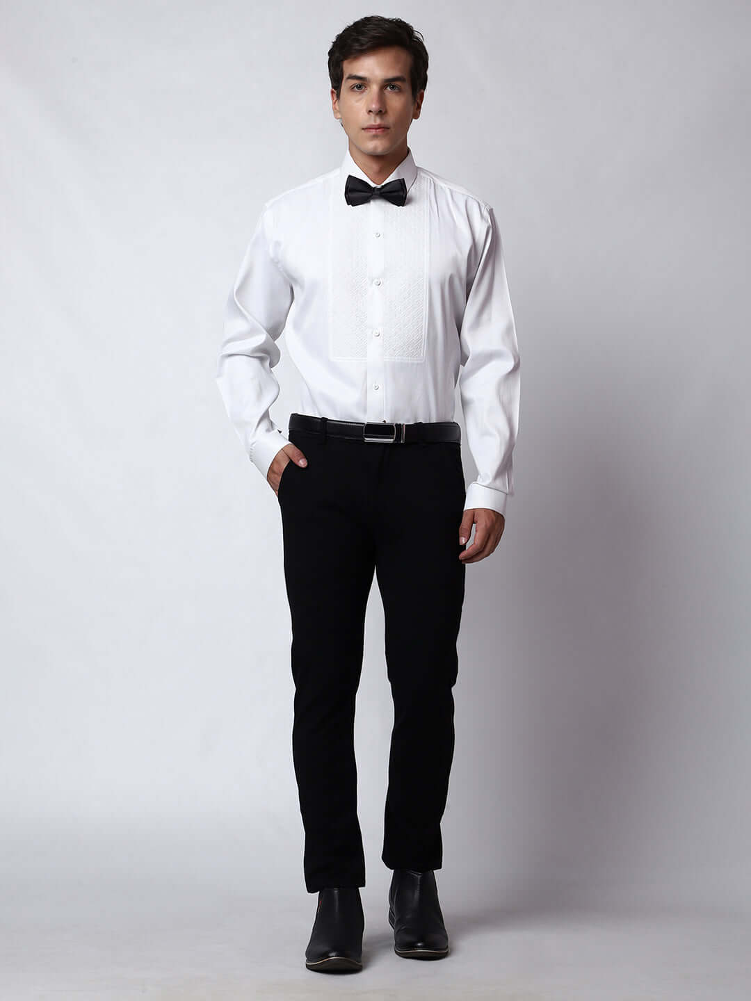 Quilted Tuxedo Shirt for Men, perfect for weddings. galas, prom nights, black tie events, and other formal events. Shop this designer white tuxedo shirt for men on Crease India Website.