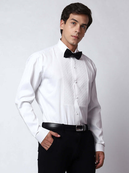 Quilted Tuxedo Shirt for Men, perfect for weddings. galas, prom nights, black tie events, and other formal events. Shop this designer white tuxedo shirt for men on Crease India Website.