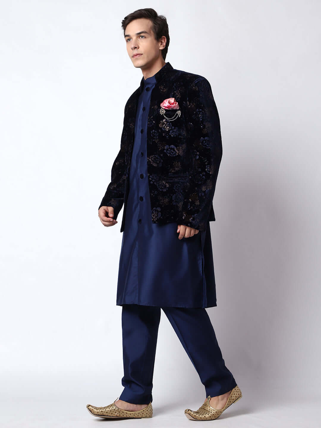 Royal Blue Indo Western Dress for men which is made up of velvet and  cotton silk with embossed print design, perfect for Indian weddings. Shop this mens indo western dress from Crease India website.