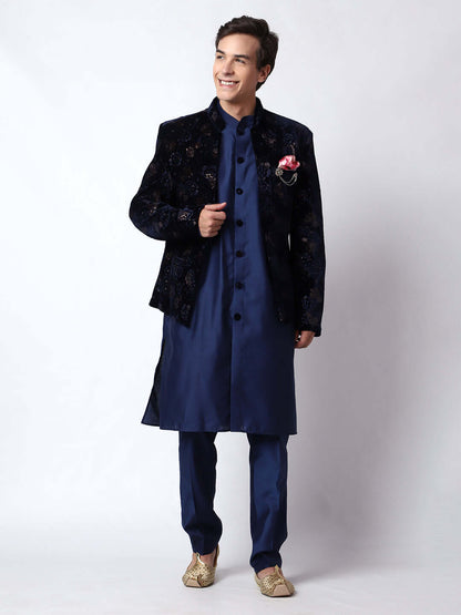 Royal Blue Indo Western Dress for men which is made up of velvet and cotton silk with embossed print design, perfect for Indian weddings. Shop this mens indo western dress from Crease India website.