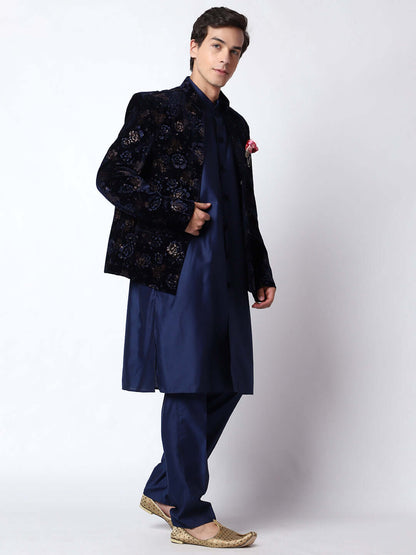 Royal Blue Indo Western Dress for men which is made up of velvet and cotton silk with embossed print design, perfect for Indian weddings. Shop this mens indo western dress from Crease India website.