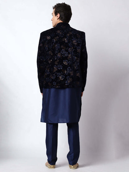 Royal Blue Indo Western Dress for men which is made up of velvet and cotton silk with embossed print design, perfect for Indian weddings. Shop this mens indo western dress from Crease India website.