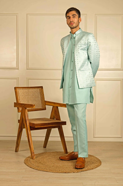 Sea Green Indo Western dress for men which is made up of jacquard design, perfect for Indian weddings and festivals. Shop this mens indo western dress for male from Crease India website.