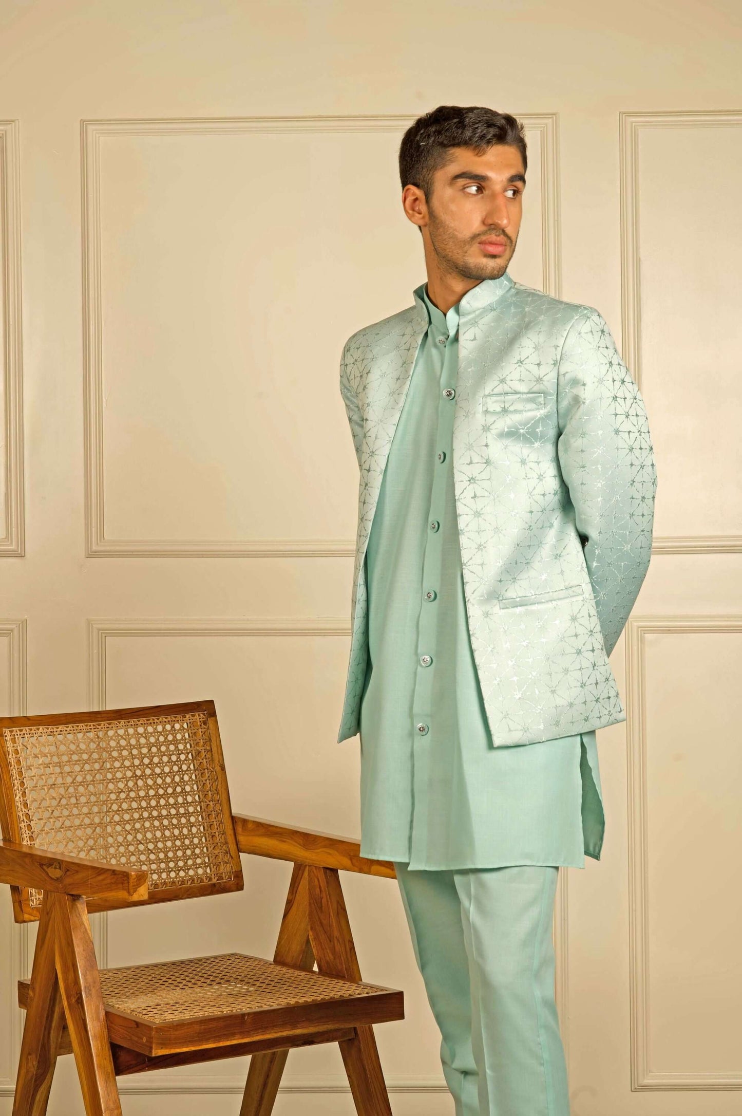 Sea Green Indo Western dress for men which is made up of jacquard design, perfect for Indian weddings and festivals. Shop this mens indo western dress for male from Crease India website.