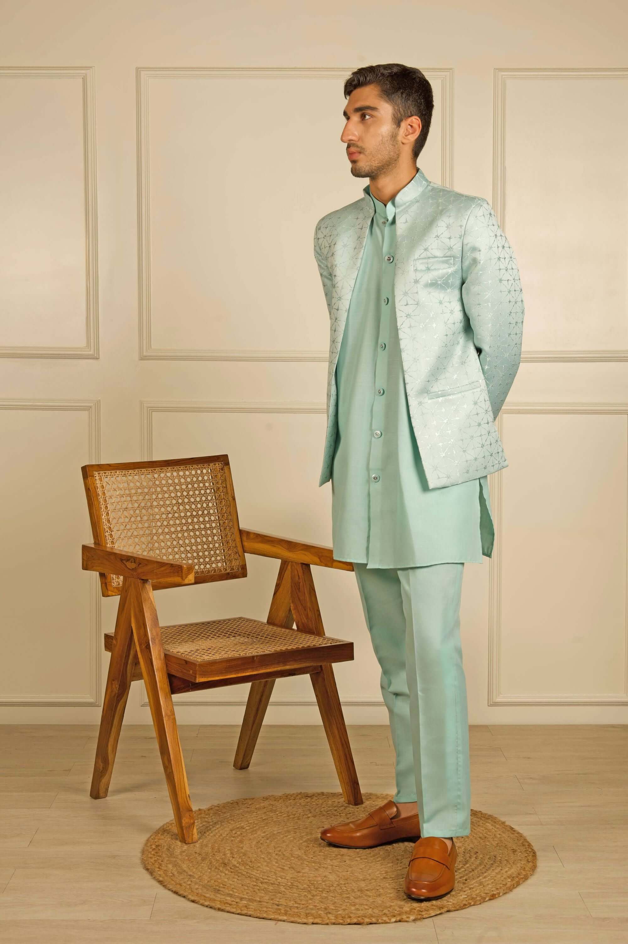 Sea Green Jacquard Indo Western Dress for Men 36