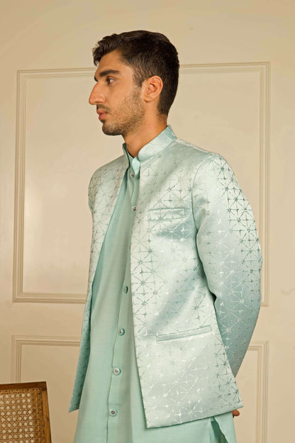 Sea Green Indo Western dress for men which is made up of jacquard design, perfect for Indian weddings and festivals. Shop this mens indo western dress for male from Crease India website.