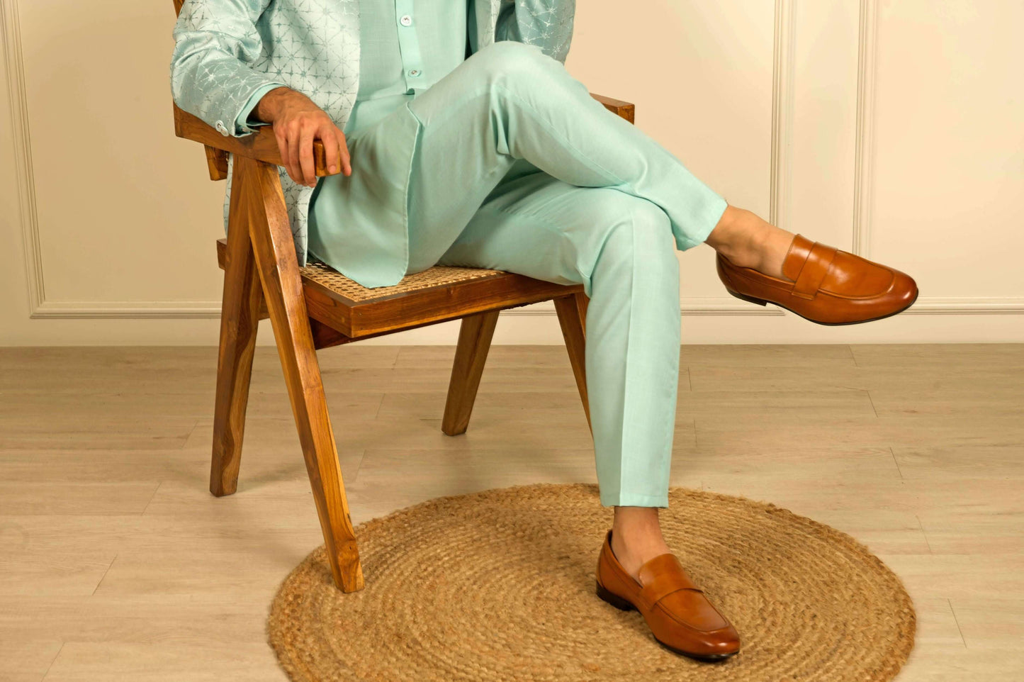 Sea Green Indo Western dress for men which is made up of jacquard design, perfect for Indian weddings and festivals. Shop this mens indo western dress for male from Crease India website.