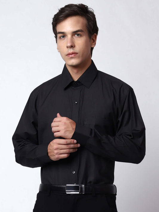 Plain Black Formal Shirt for Men, perfect for daily office wear, business meetings, formal events, & even semi-formal events. Shop this plain black cotton shirt for men on Crease India Website.