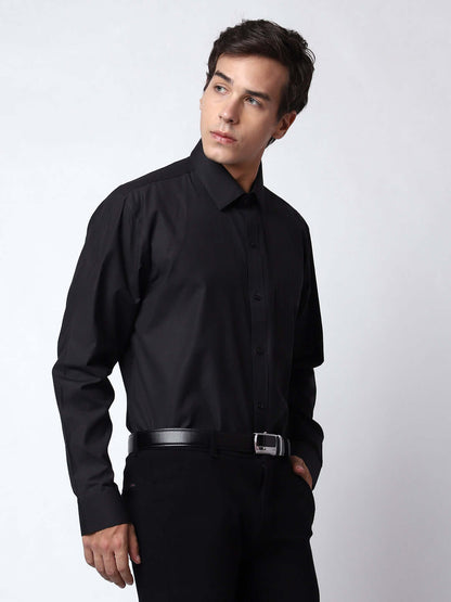 Plain Black Formal Shirt for Men, perfect for daily office wear, business meetings, formal events, & even semi-formal events. Shop this plain black cotton shirt for men on Crease India Website.