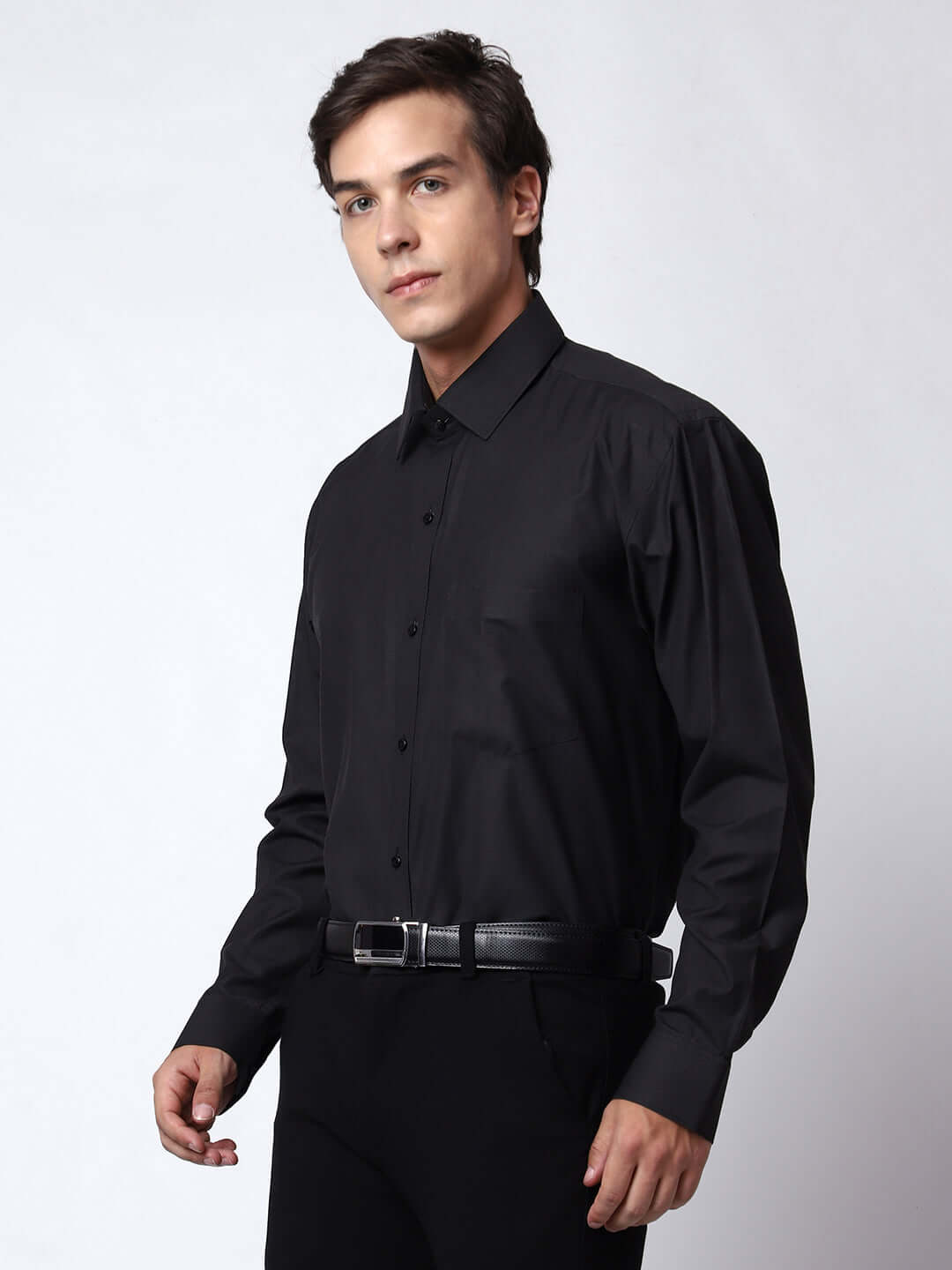 Plain Black Formal Shirt for Men, perfect for daily office wear, business meetings, formal events, & even semi-formal events. Shop this plain black cotton shirt for men on Crease India Website.