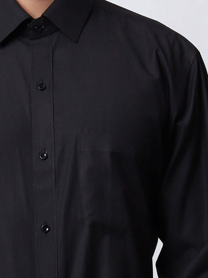 Plain Black Formal Shirt for Men, perfect for daily office wear, business meetings, formal events, & even semi-formal events. Shop this plain black cotton shirt for men on Crease India Website.