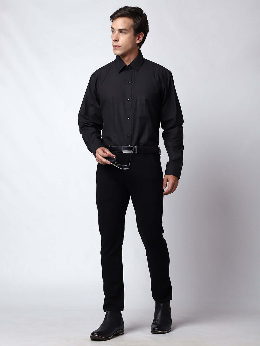 Plain Black Formal Shirt for Men, perfect for daily office wear, business meetings, formal events, & even semi-formal events. Shop this plain black cotton shirt for men on Crease India Website.